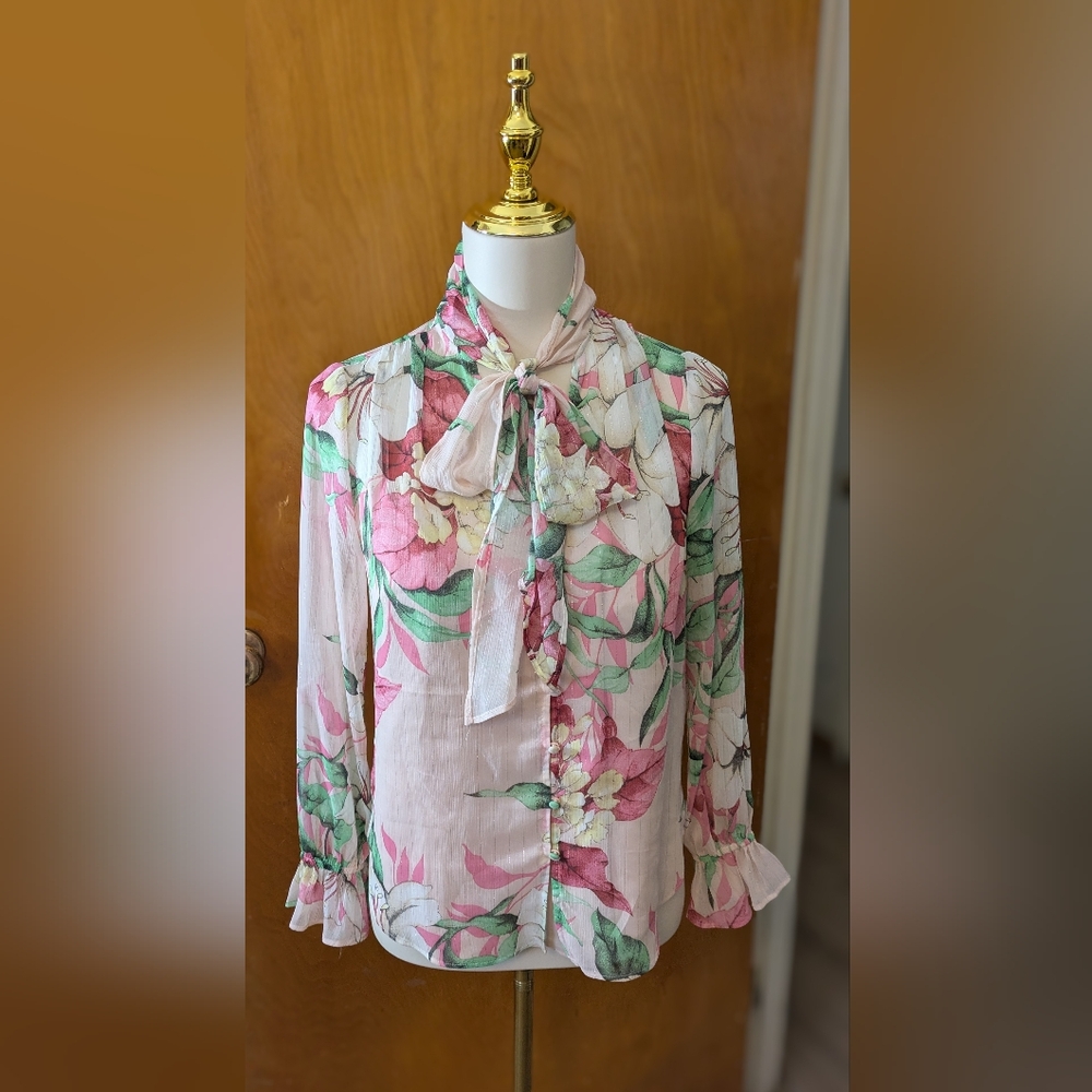 WHBM Pink and Green Floral Blouse